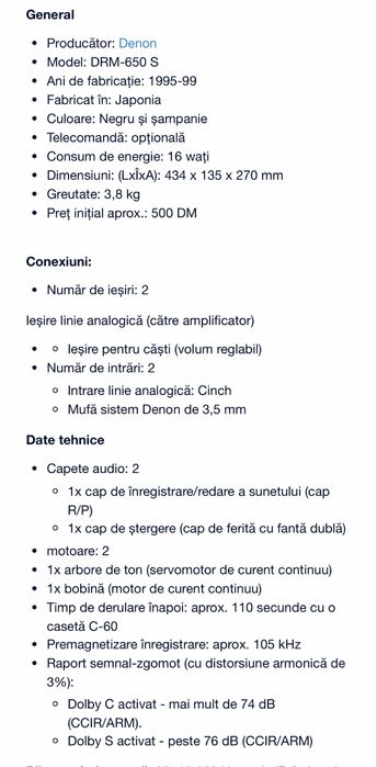Deck Denon DRM 650 S cu telecomanda Denon