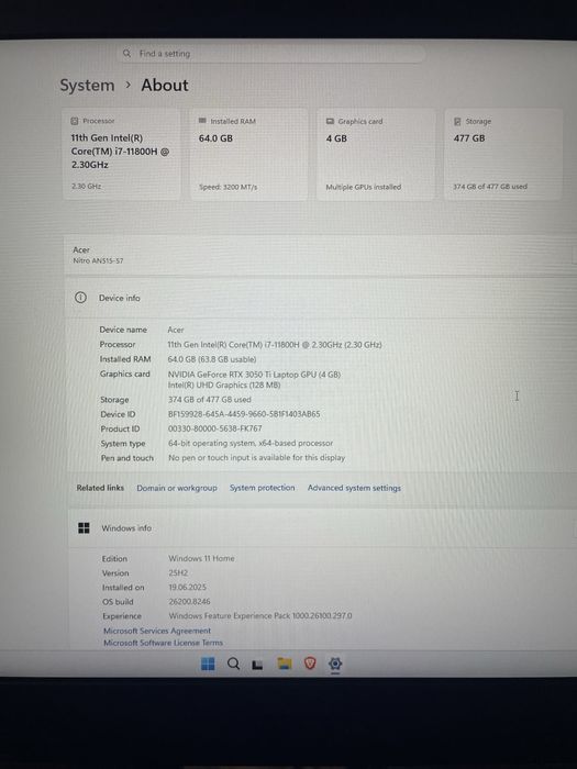 Laptop Gaming Acer Nitro 5 i7-11800H / RTX 3050 Ti / 64GB RAM / 144Hz – Configurație RARĂ, Upgrade MAX