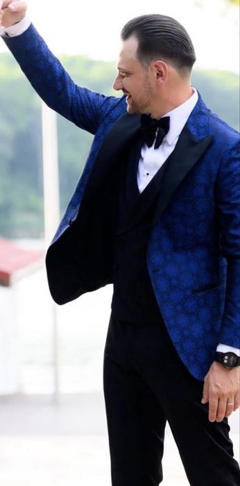 Sacou elegant bărbați Viggo Ceremony,albastru  floral,cu papion husă