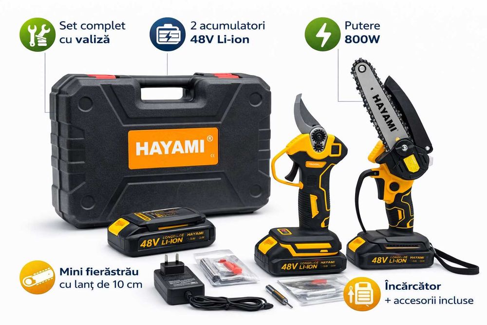 Set mini fierastrau lant + foarfeca electrica 48V Hayami