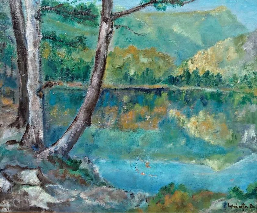 Tablou vechi - lac de munte - semnat Ghiata D