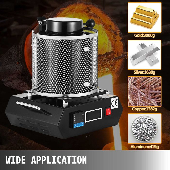 Cuptor electric de topit metale pretioase 1350W 3 kg creuzet ceramic temperatura max 1150 C control PID pentru aur argint cupru aluminiu
