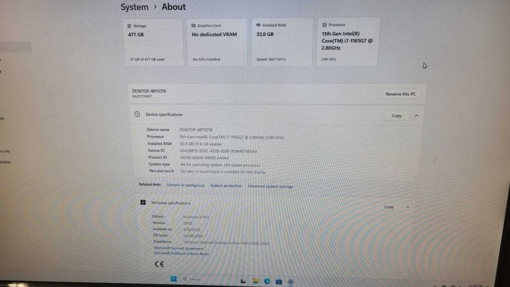 Intel NUC Pro NUC11TNKi7/ Intel core i7/ RAM 32GB/ 512GB NVMe Mini PC