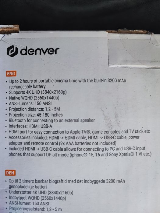 Proiector portabil Denver PR-4700 4K UHD, baterie 3200 mAh