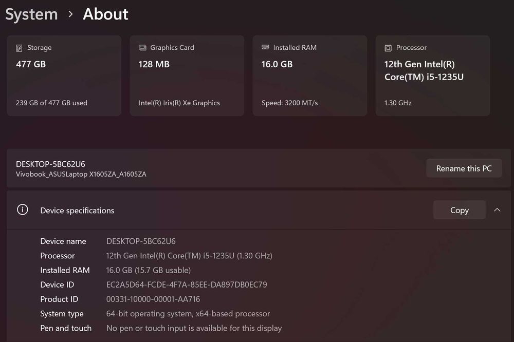 Лаптоп Asus Vivobook 16 инча OLED 3.2k (3200 x 2000), 120 Hz. X1605ZA