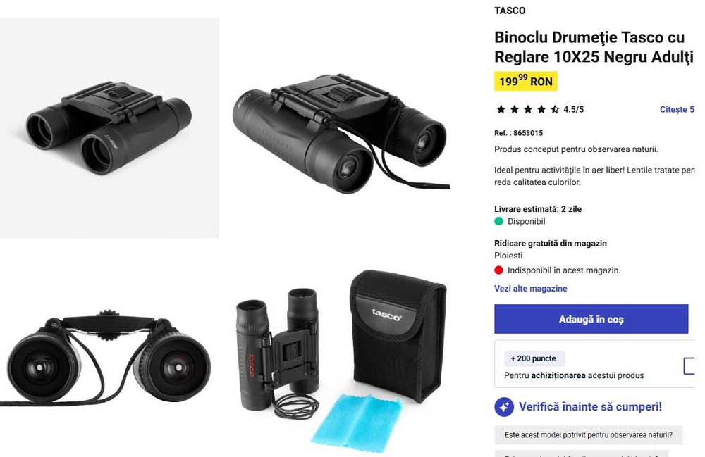 Binoclu Drumeţie Tasco cu Reglare 10X25 Negru Adulţi