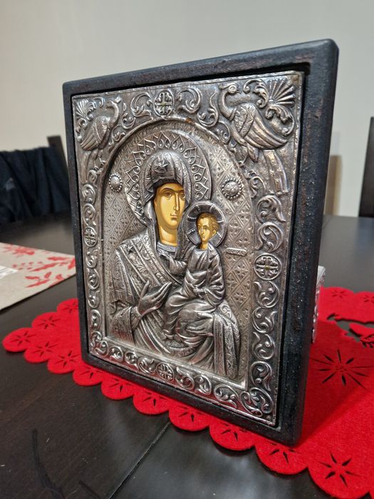 Прекрасна антикварна голяма сребърна икона -,Сертификат