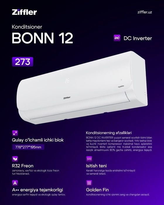 Кондиционер Ziffler 12 инвертор / Kontidsioner Ziffler 12 talik invert