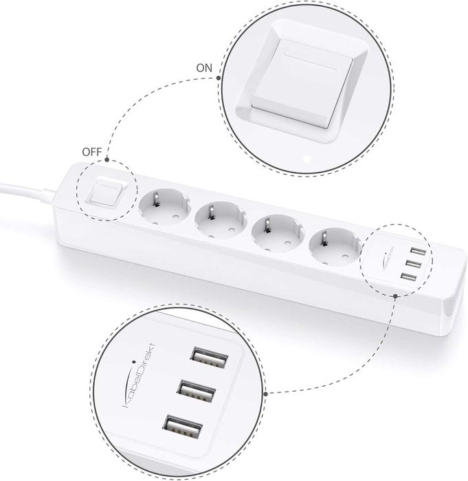 Разклонител KabelDirekt 4 гнезда, 3 x USB, GS, TUV, без пренапрежение