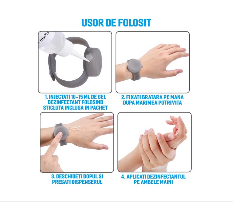 Bratara-dispenser dezinfectant pt maini, dispenser portabil silicon