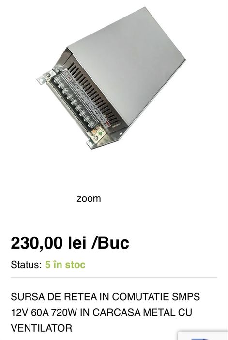 Se vinde urgent 2 buc SURSA DE RETEA IN COMUTATIE SMPS 12V 60A 720W, 150 roni ambele bucati!