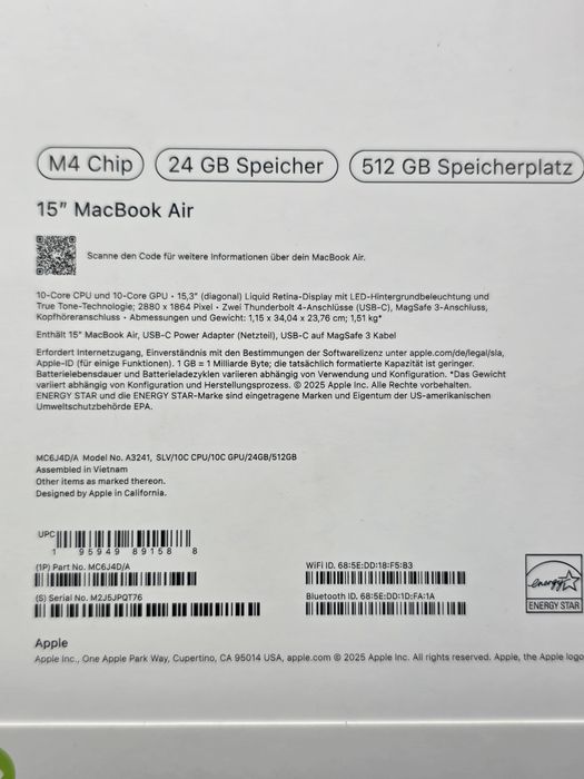 MacBook Air 15"/ M4/ 24gb Ram/ 512 SSD/ garantie/ SIGILAT