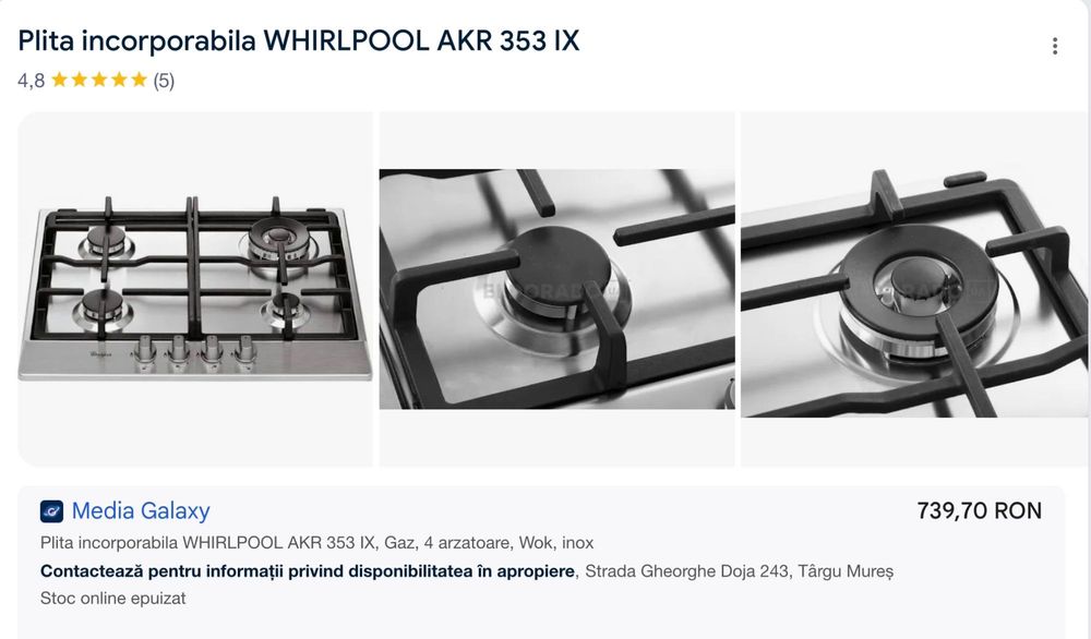 Plita incorporabila Whirlpool, inox, gratar fonta. Produs nou, sigilat