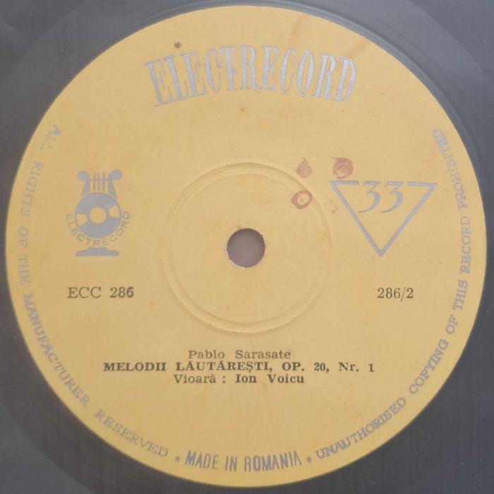 Disc vinil Ion Voicu, Ciprian Porumbescu, Pablo Sarasate- Balada/ Melodii lăutărești Electrecord ECC 286