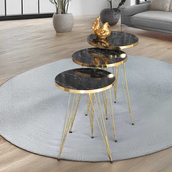 Комплект 3 маси за кафе, помощна масичка - черно/ златно