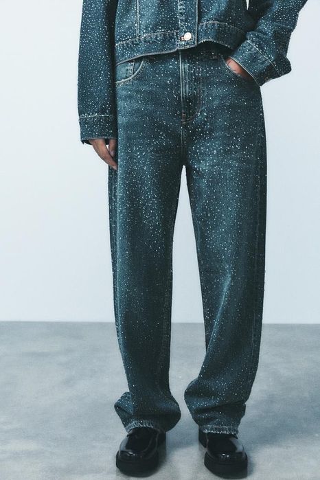 Blugi oversize Noi, cu strasuri, Zara
