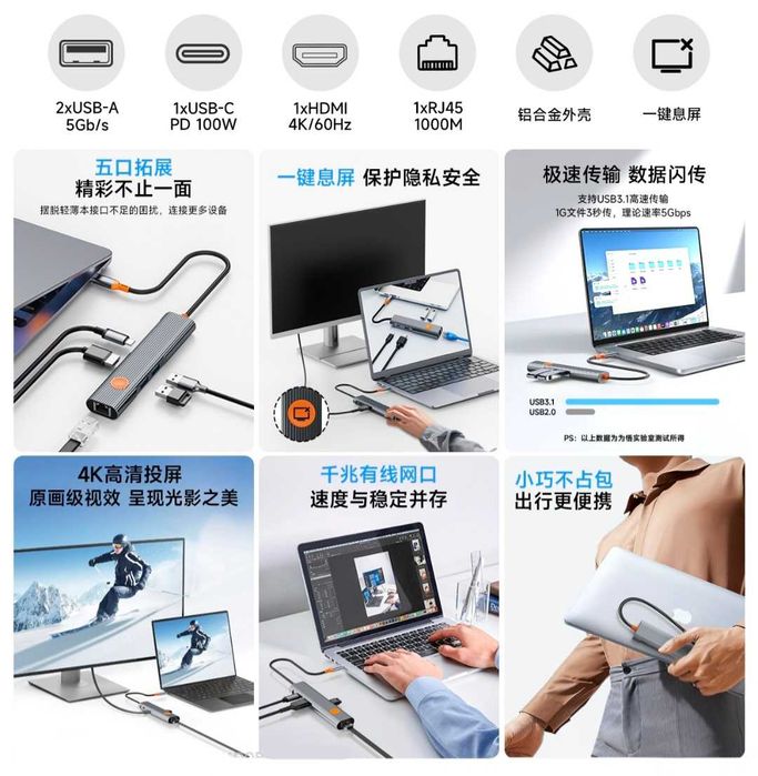 WiWU Wi-HB007 Hub 7в1 5Gbps/PD-100W 4K60Hz/RJ45/TF/SD Docking Station