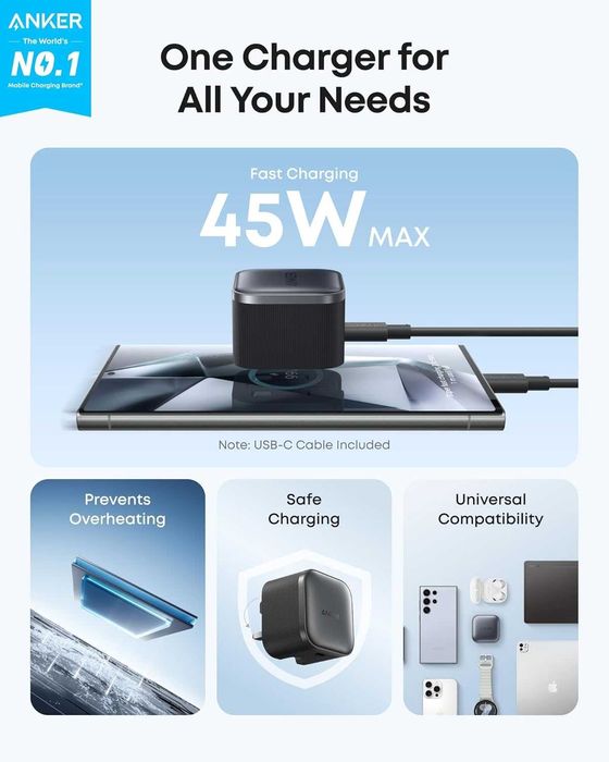 Anker Nano 45W USB-C зарядно за стена и кабел 1.8m