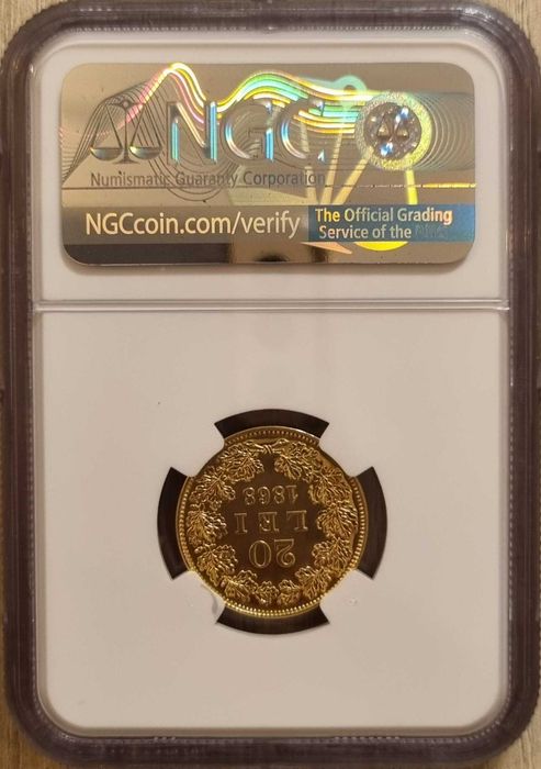 Moneda aur 20 lei 1868 pol Carol I replica BNR 2005 gradata NGC PF 63