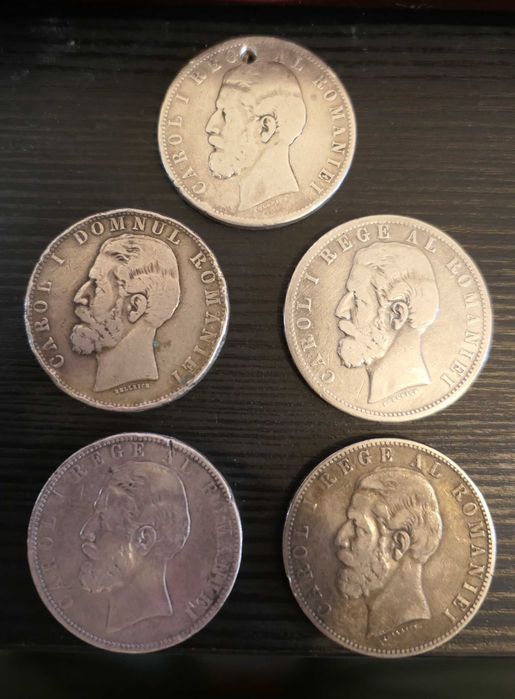 Lot 5 x Monede Argint 25 Grame 0.900 Carol I Rege Domn 1880 1881 1883 Monezi Regat Principat secol XIX Colectie