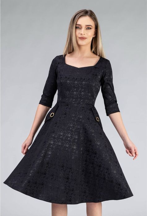 Rochie neagra cu buzunare si maneca trei sferturi, Vanda, nr 38