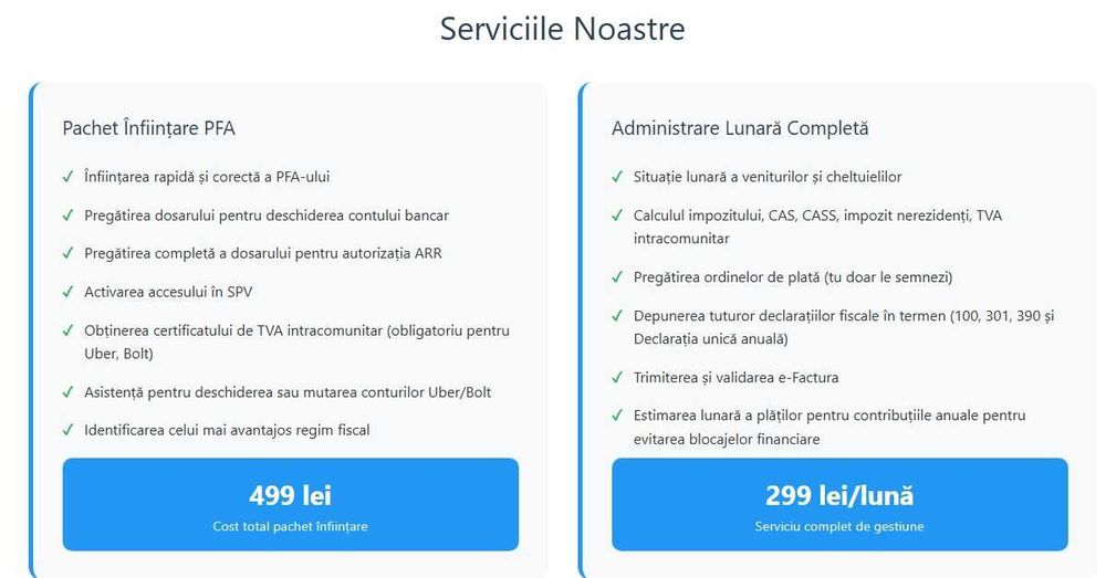 PFA Uber Bolt Infiintare Contabilitate E-factura 299 lei / luna