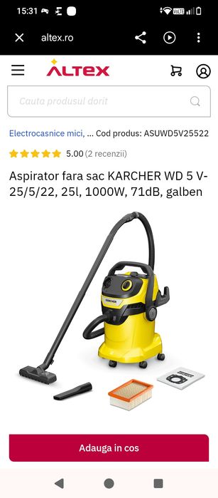 VandAspirator fara sac KARCHER WD 5 V-25/5/22, 25l, 1000W, 71dB, galben