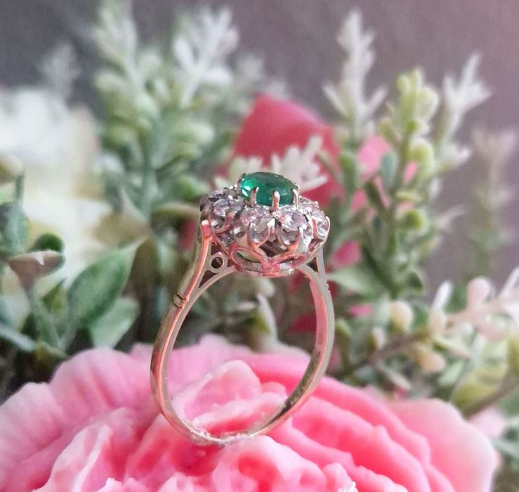 Inel din perioada edwardiana din aur de 14K cu smarald si diamante naturale