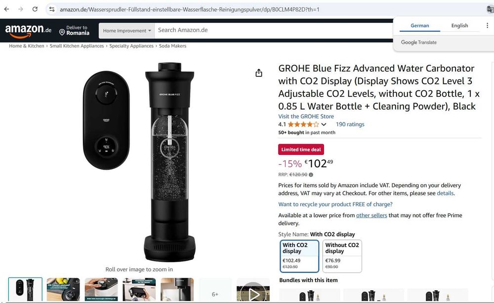 Aparat de sifon GROHE Blue Fizz cu afișaj CO2