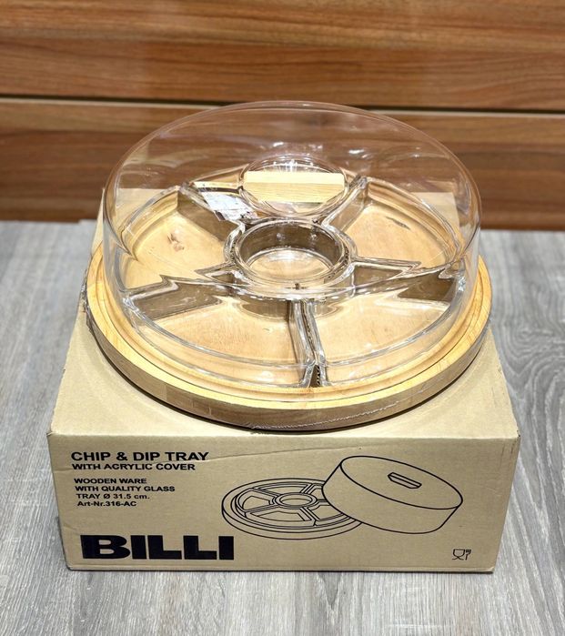 Круглая тарелка BILLI для закусок на 6 секций (дерево + стекло)