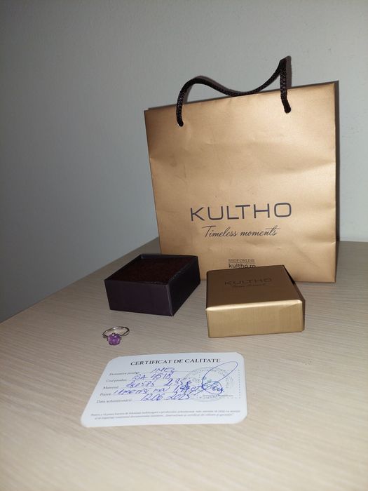 Inel Kultho aur alb 14K 585 cu ametist, certificat si cutie