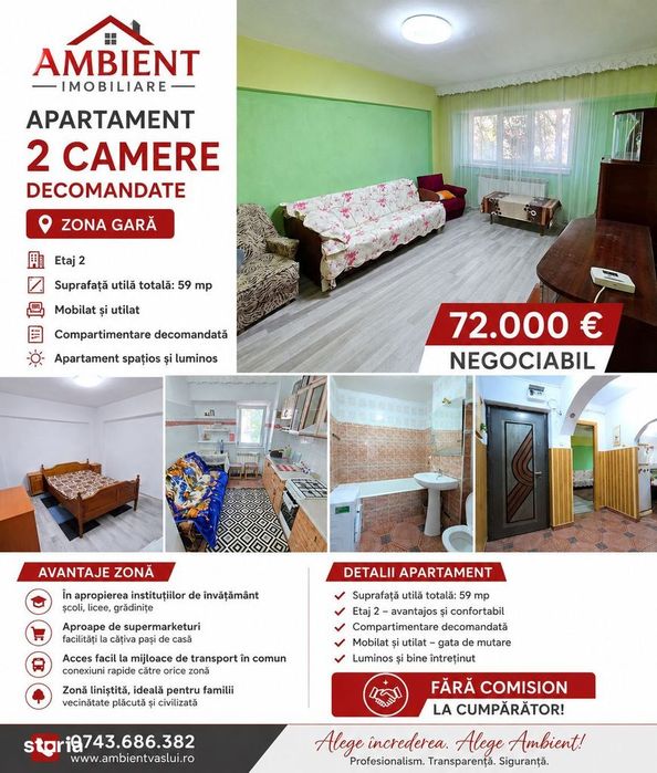 Apartament cu 2 camere, etaj 2, mobilat si utilat, zona GARA;