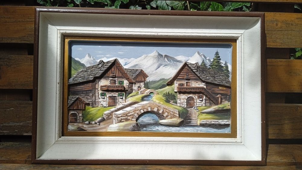 Tablou din lemn in relief 3D pictat/exacutat manual, peisaj din Alpi