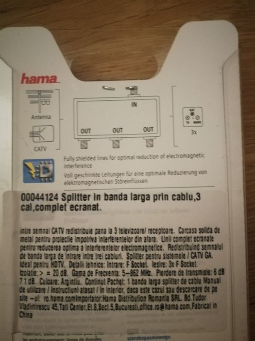 Splitter tv 3 cai, banda larga, ecranat marca hama