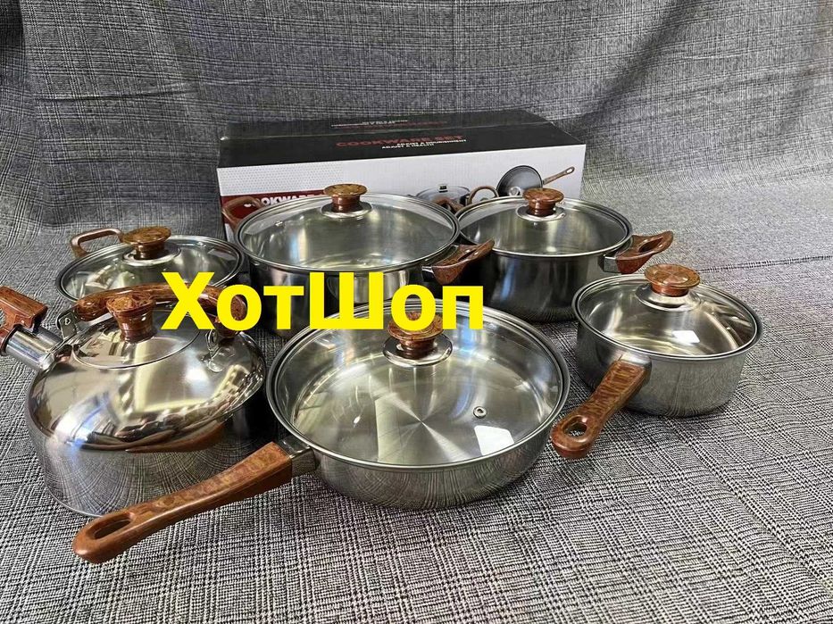 Комплект от 6 тенджери и тигани Golxmse, дебела неръждаема стомана, незалепващо покритие, съвместими с индукция, 12 части, сребристи