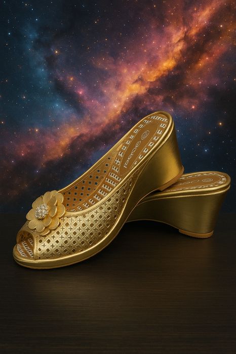 Золотистые шлёпки на танкетке — стиль и комфорт