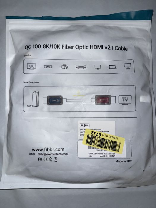 Cablu HDMI fibră optică FIBBR 8K,HDMI 2.1 48 Gbps,HDR eARC,(7,5 m)