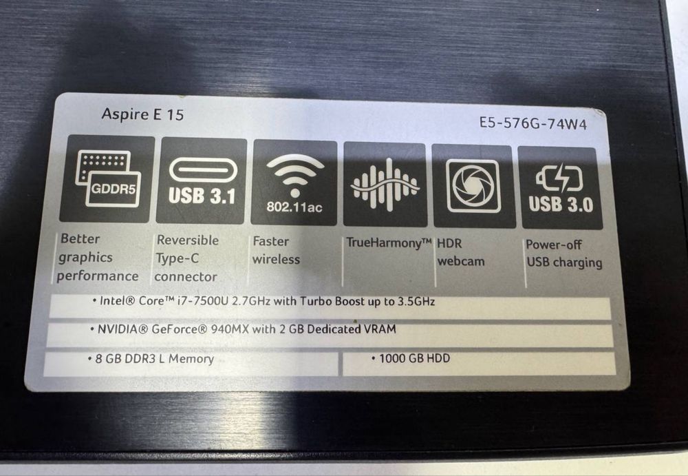 Acer Notebook i7-7500U DDR3 8Gb Lexar M.2 nvme 500gb