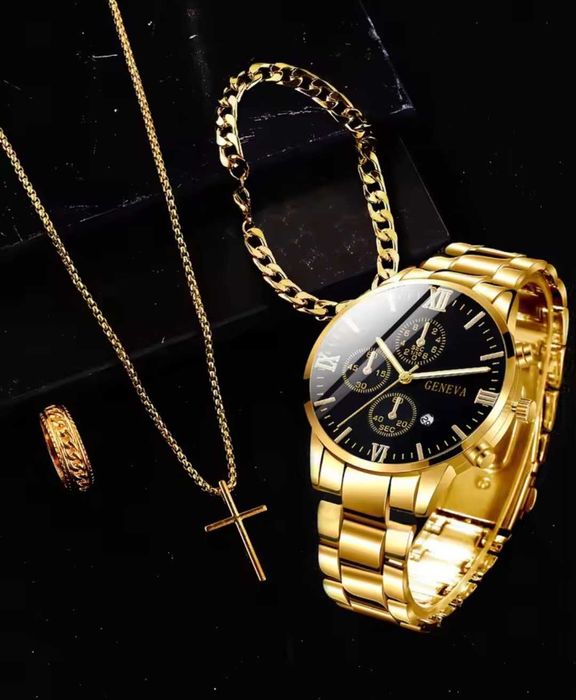 Луксозен комплект от 4 части - часовник, гривна, колие с кръст,пръстен