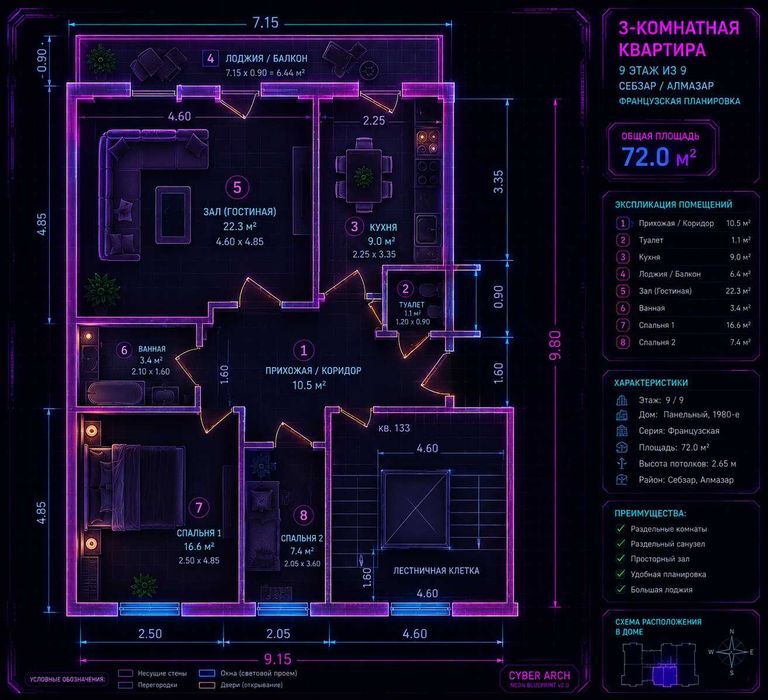 Продаётся 3-ком кв 72 м², 9 эт, Себзар, Алм р-н, от собственника