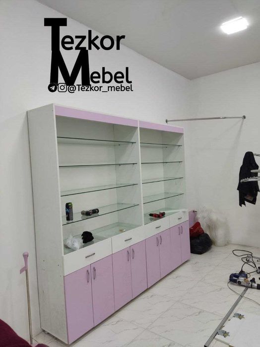 Magazin doʻkon apteka dorixona uchun mebel zakazga stellaj polka vitri