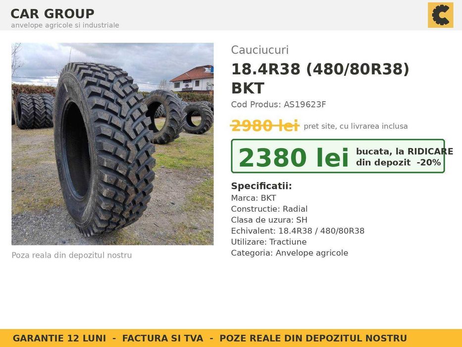 Cauciucuri 18.4-38 18.4R38 480/80R38 BKT ANVELOPE Tractor Spate U650 U683 Zetor MTZ Fiat SH GARANTIE Factura TVA Livrare