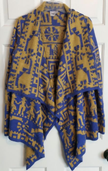 Cardigan damă ASOS albastru-galben, model geometric, stare foarte bună