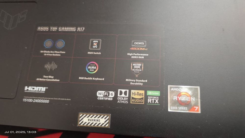 ASUS TUF A17 Ryzen 7 6800h  16GB DDR5 1.5TB SSD  Ideal Holatda!