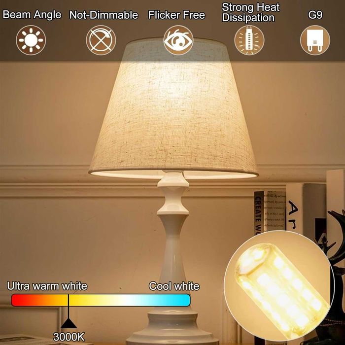 LED крушка BAOMING G9, недимируема, 3W (еквивалент на 40W) - 3000K топло бяла, без трептене, енергоспестяваща, пластмасова основа - пакет от 6 броя