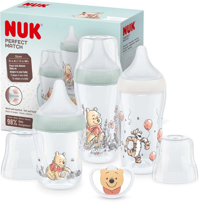 NUK Perfect Match – Комплект бебешки шишета с антиколик система и залъгалка, 0–6+ месеца, Disney Winnie the Pooh, 4 части