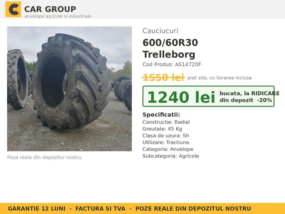 Anvelope Cauciucuri 600/60R30 600 60 R30 6006030 600 60R30 Trelleborg Tractor Utilaje Agricole Radial SH Second Hand GARANTIE Garantie 1 An Factura