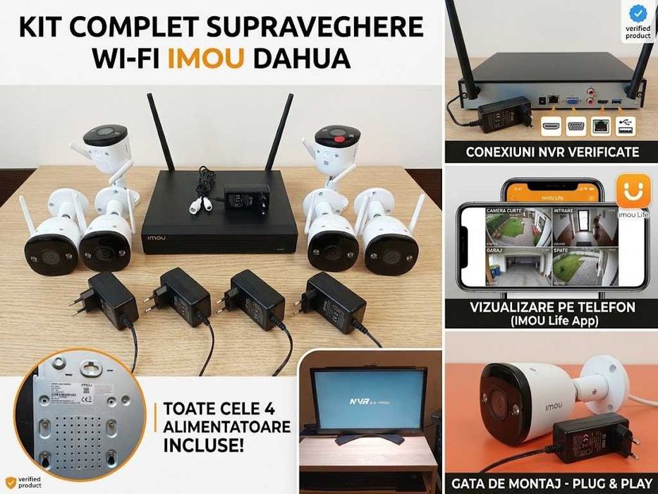 Kit Complet Supraveghere Wi-Fi IMOU Dahua - 4 Camere + NVR + 4 Alimentatoare NOI - Gata de Montaj
