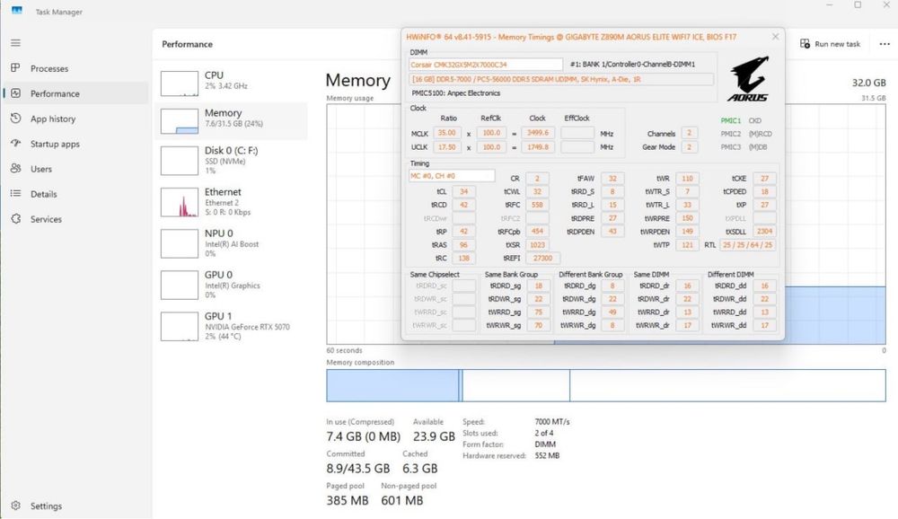 Memorie DDR5  32GB (2x16GB), 7000MT/s, CL 34 Corsair Vengeance