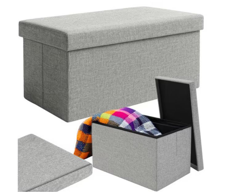 Taburet pliabil cu depozitare, capac moale, 110L, Poliester + MDF, Gri